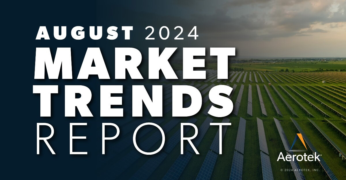 The caption "August 2024 Market Trends Report" overlays a sprawling field of solar panels beneath a cloudy sky