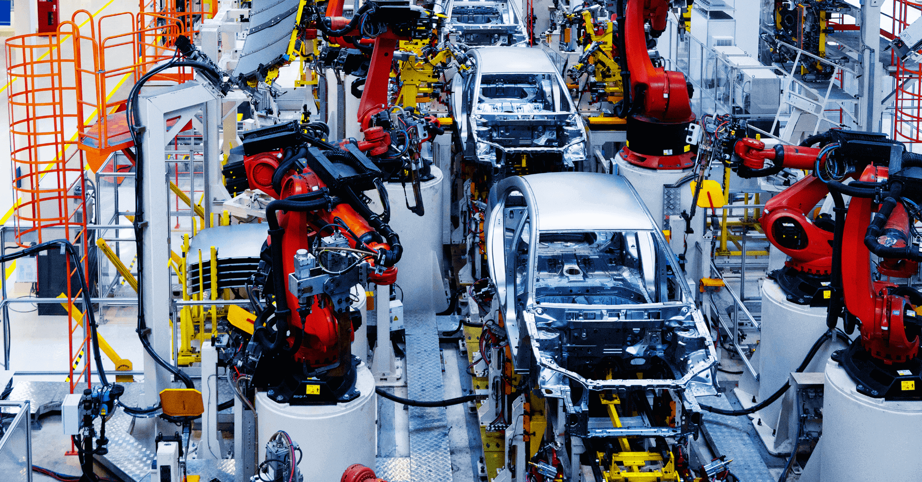 An overhead view of an automotive manufacturing factory 
