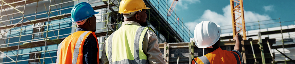 Facing away from the camera, three construction managers wearing orange safety vests and different colored hard hats, look over a jobsite where a crane is lifting objects up towards the scaffolding. 