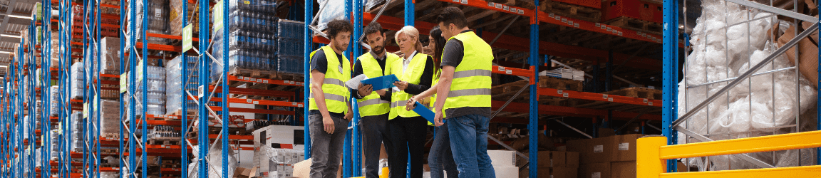 In a warehouse several workers wearing bright yellow safety vests gather around their manager to review a document.