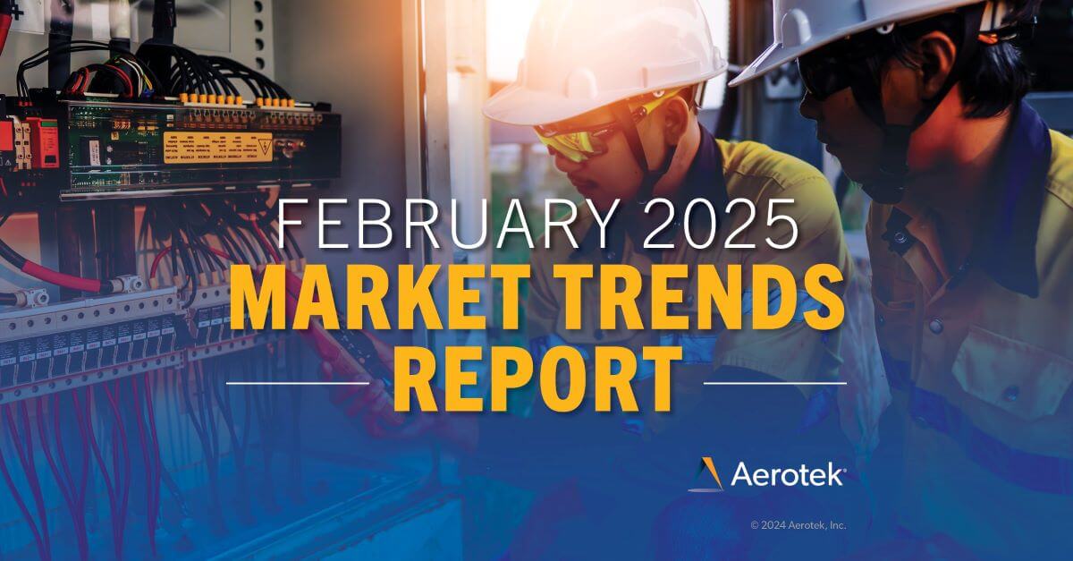 The caption "February 2025 Market Trends Report" overlays two technicians in safety gear (with hard hats, glasses and high-vis shirts) who are running diagnostics on a machine. 