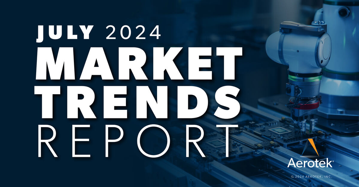 "July 2024 Market Trends Report" graphic overlays a white microscope with an Aerotek logo at the bottom.