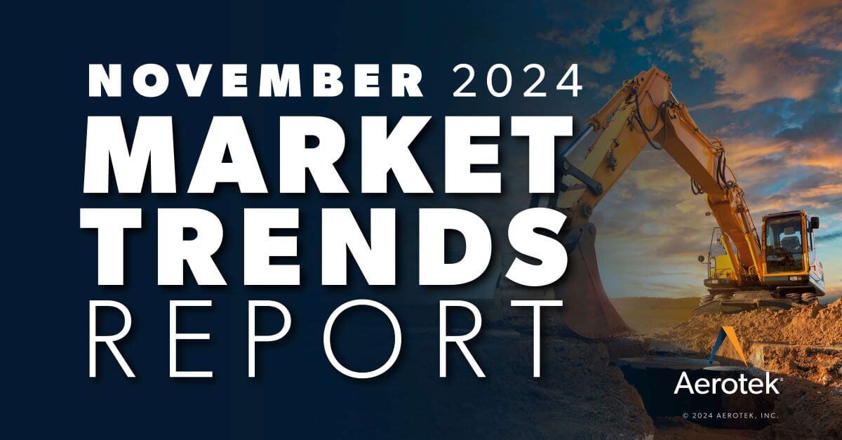 The caption "November 2024 Market Trends Report" overlays an excavator digging up barren land beneath peach and smoke-colored clouds