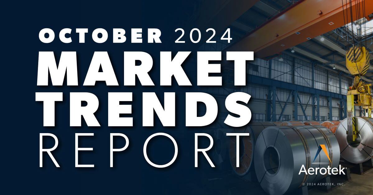 The caption "October 2024 Market Trends Report" overlays a factory with rows of large stainless-steel cylinders.